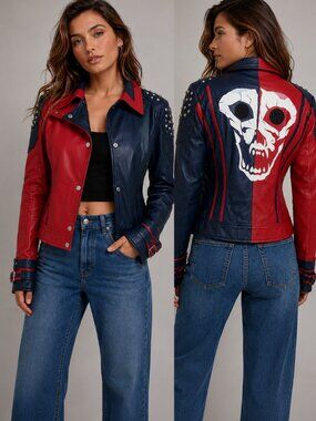 NEW America Jackets Harley Quinn Suicide Squad Leather Jacket Studded Size Large
